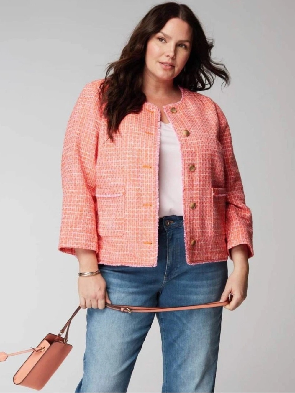 J.Jill XLP Dahlia Orange Pink Tweed Fringe Trimmed Jacket pockets Preppy Luxury